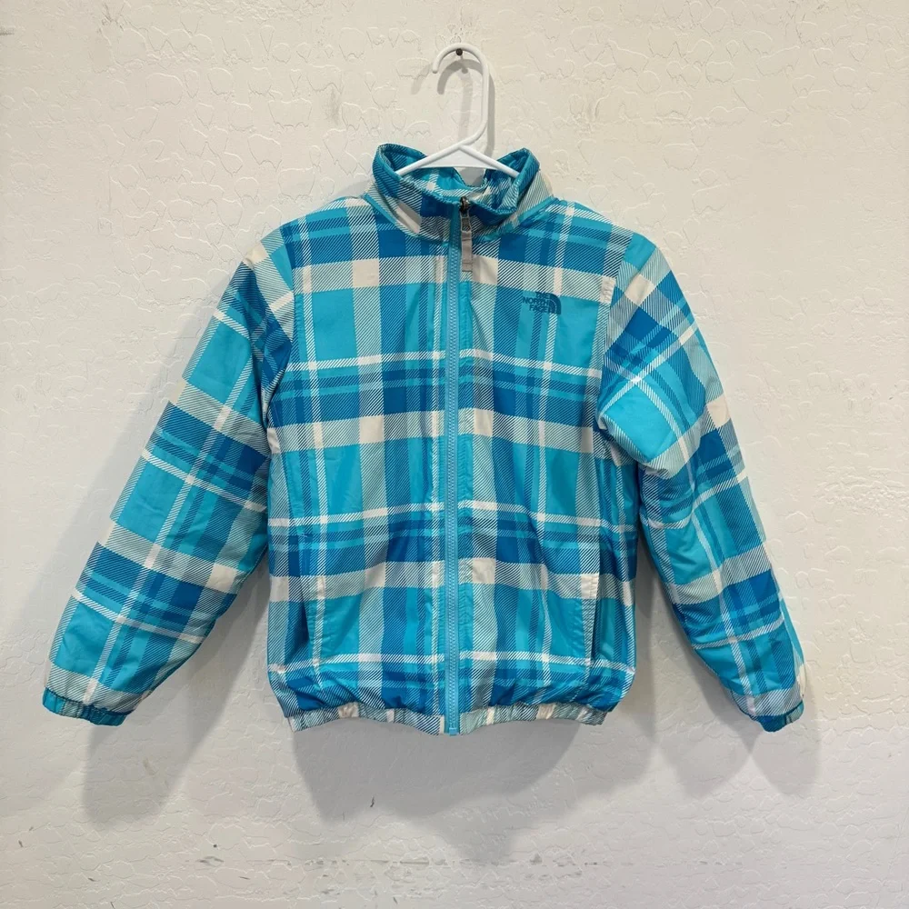 The North Face Checkered Plaid Jacket Kids 10/12 Blue white Winter Snow Outdoor