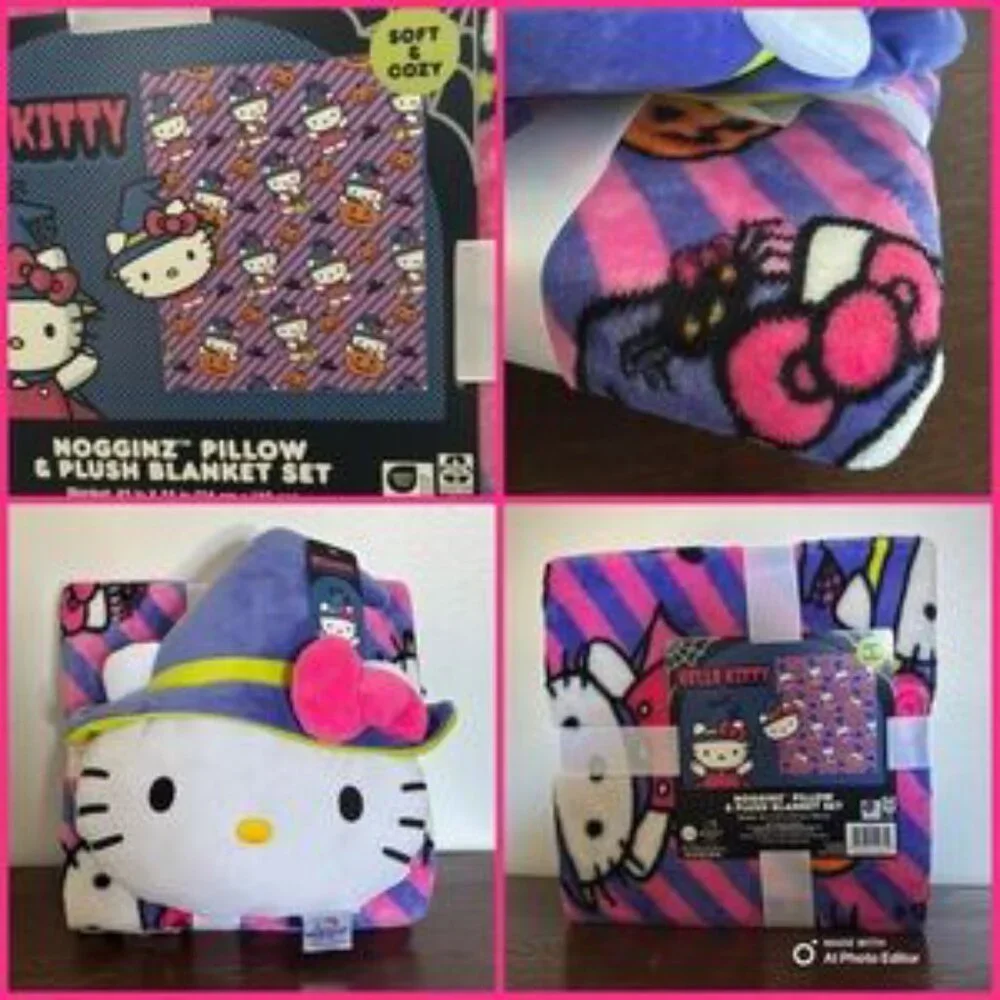 Hello Kitty Halloween Themed Plush Blanket & Pillow Set and Trick or Treat Bag