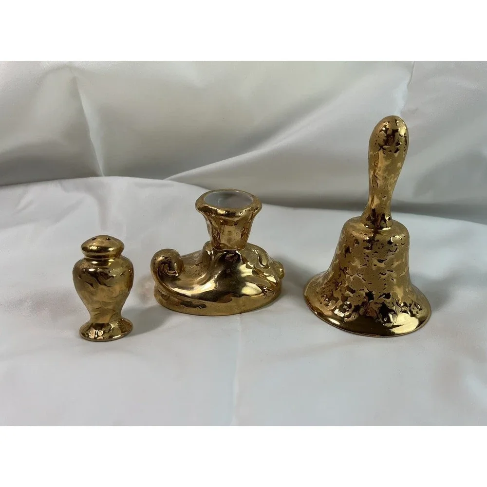 Set‎ of 3 Dixon Art Studios 22 kt. Weeping Gold Candle Holder Salt Shaker Bell