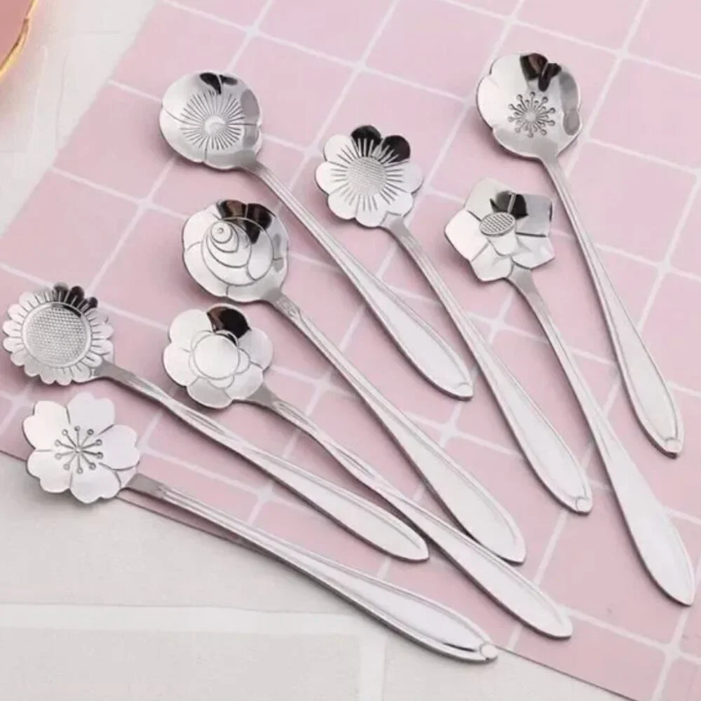 Silver Gold 8pcs Stainless Steel Flower  Spoon Set