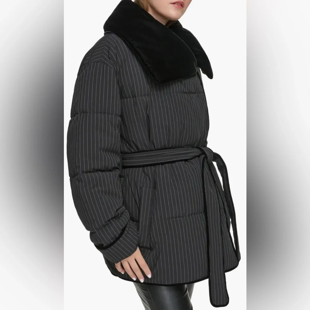 Andrew Marc Krithia Pinstripe Belted Puffer Coat