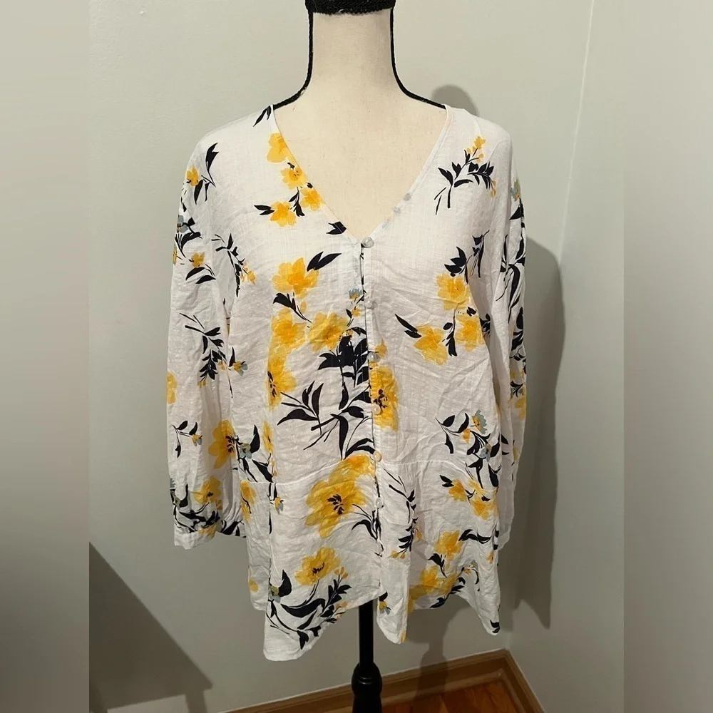 Liz Claiborne Top Womens XL 3/4” Button Peplum Floral Yellow Black White NWT
