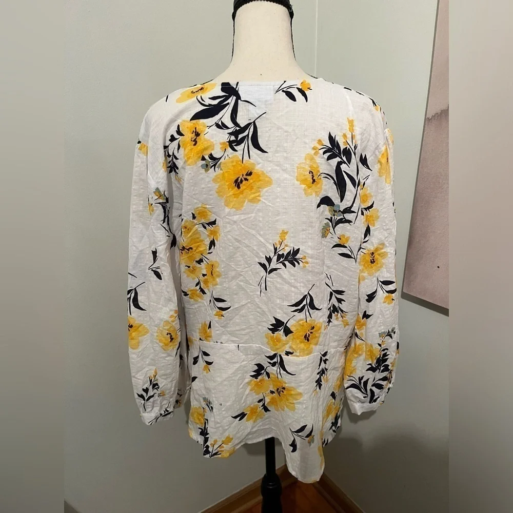 Liz Claiborne Top Womens XL 3/4” Button Peplum Floral Yellow Black White NWT