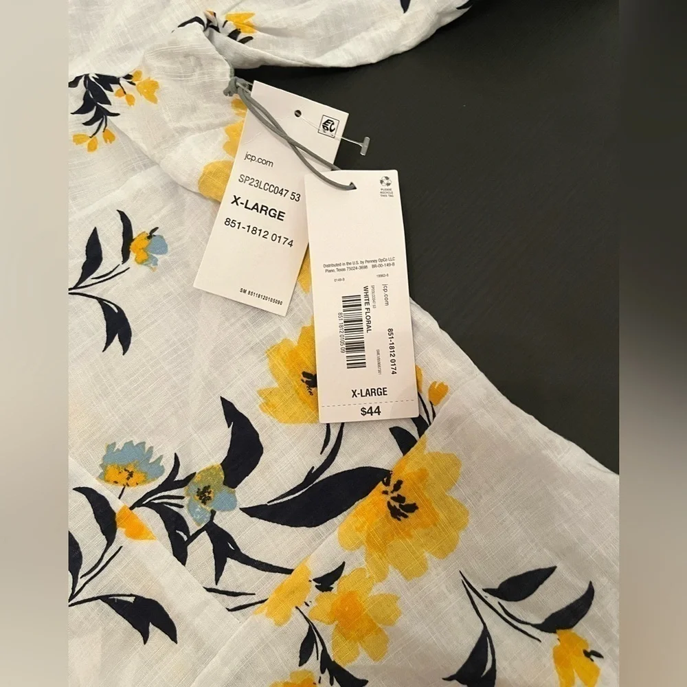 Liz Claiborne Top Womens XL 3/4” Button Peplum Floral Yellow Black White NWT