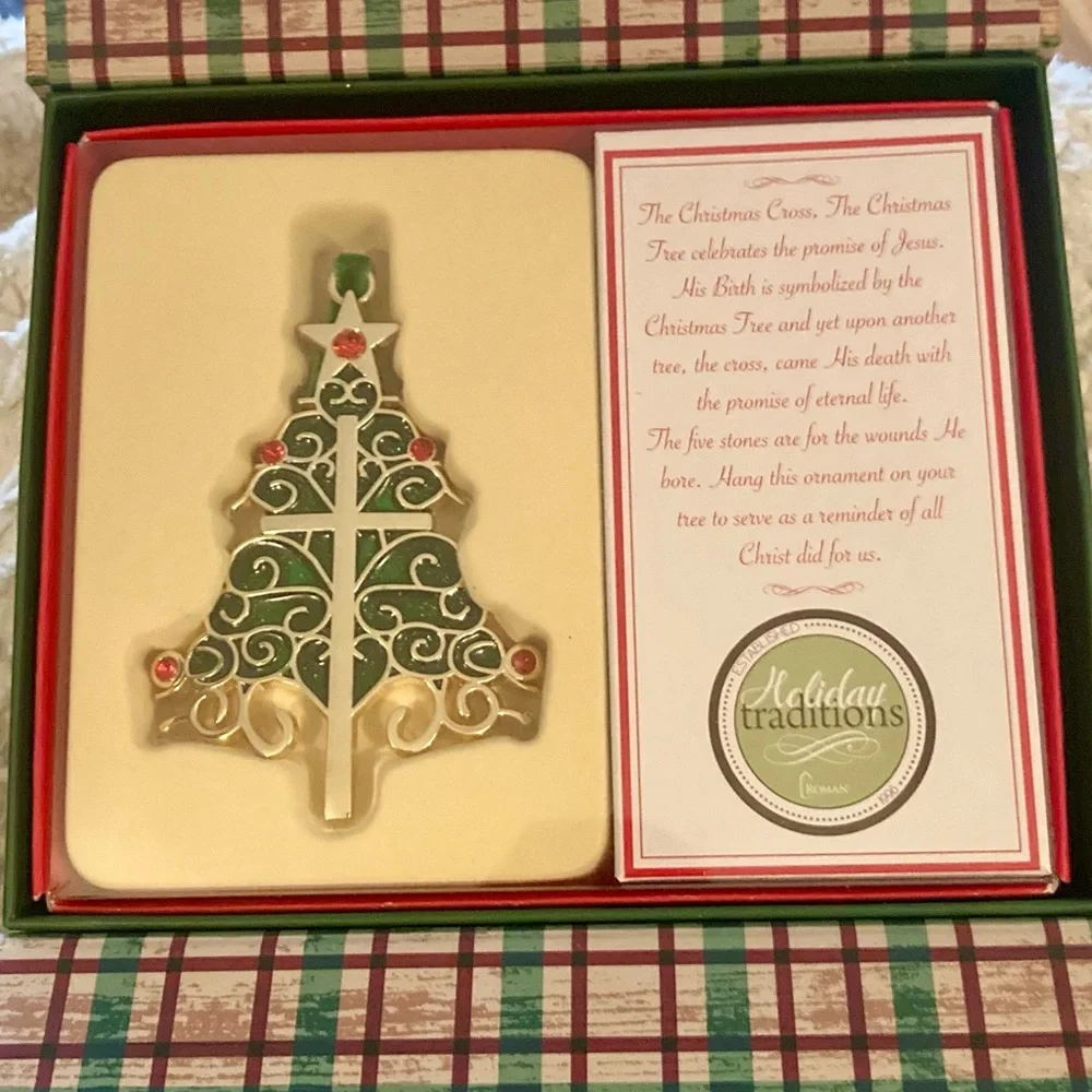 NIB Christmas Cross Tree Ornament - Green/Red/Gold 3.5” x 2.5”
