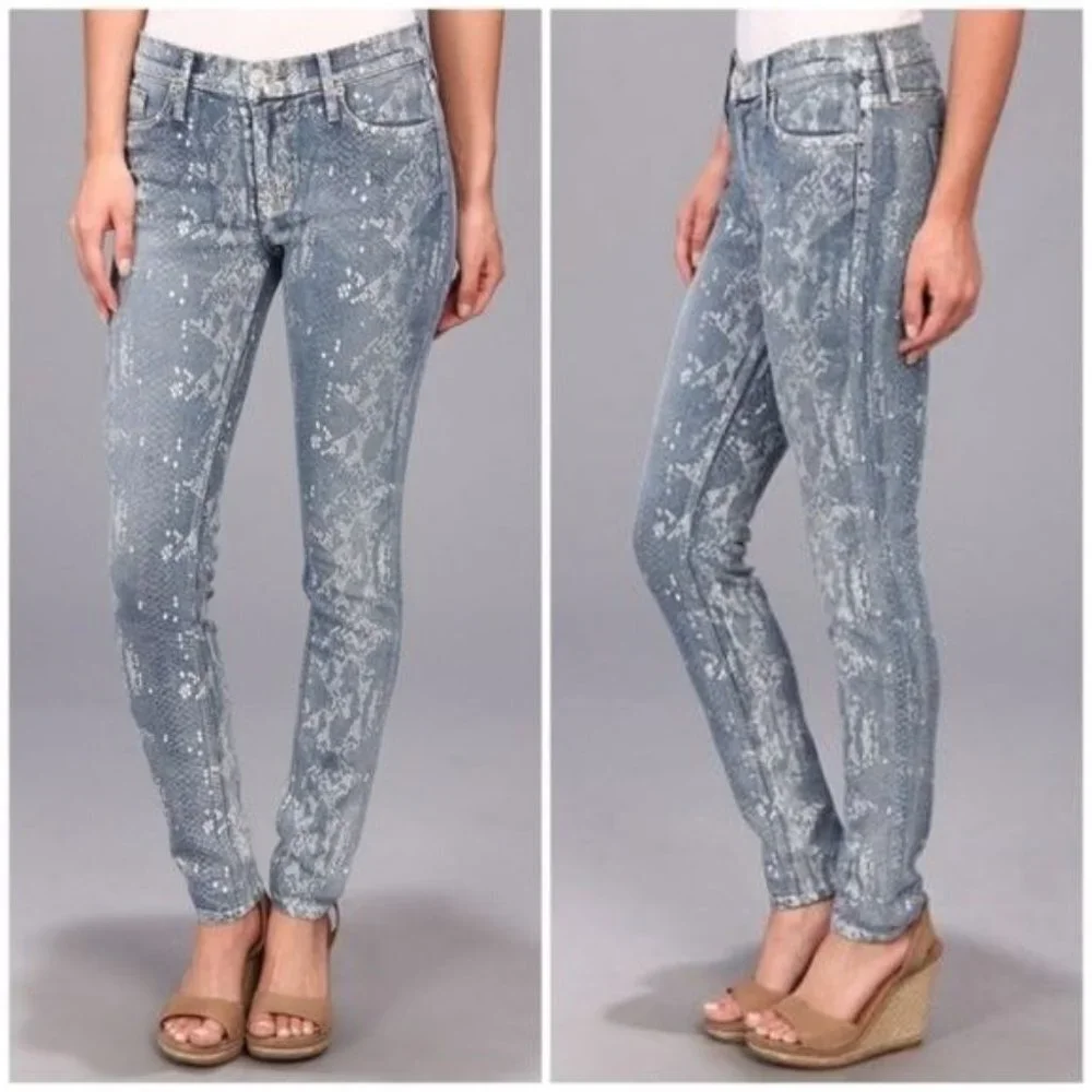 Hudson Nico Midrise Super Skinny Jeans Snake Print Midrise Blue White Size 29