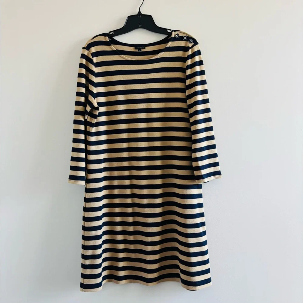 Talbots Dress Navy Tan Stripe Long Sleeve Cotton Knee Women’s L Preppy Nautical