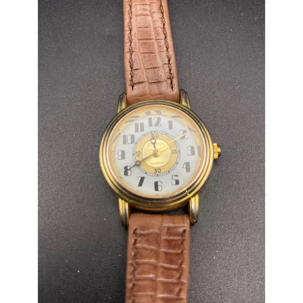 Quartex Delta Impex Womens Watch Gold Tone Case Brown Leather Band New Battery