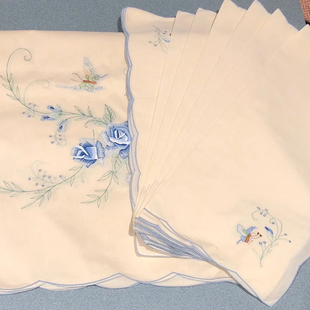 Embroidered Cream and Blue Tablecloth Set