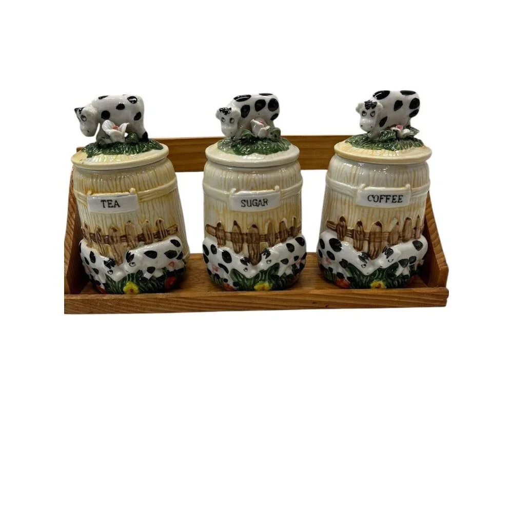 Set of 3 Vintage Ceramic Cow Jars with Wooden Holder Coffee Tea Sugar Bar