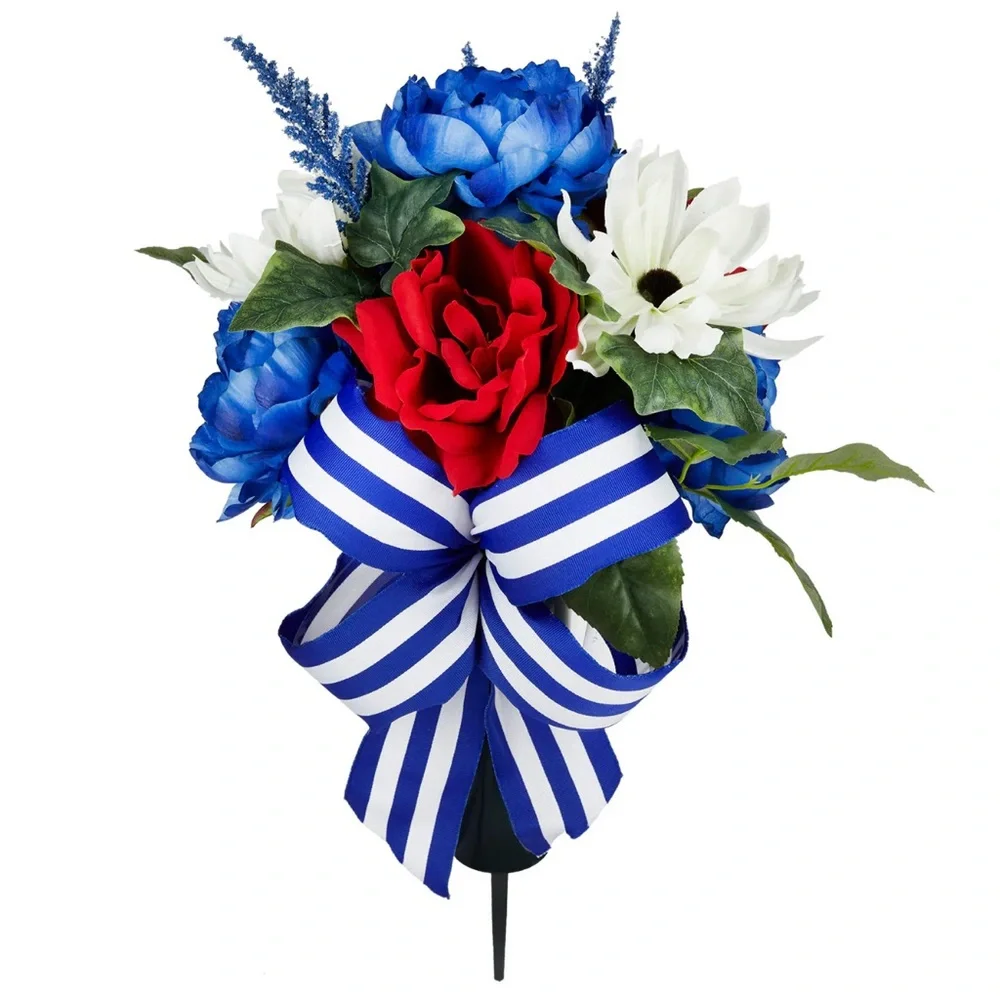 NWT Large Blue & White Artificial Floral Big Cone Arrangement with Striped Bow