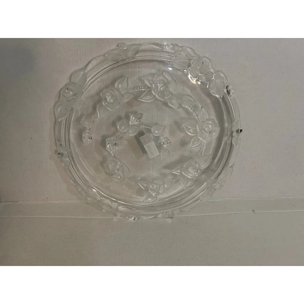 Mikasa Bella Rosa 14 inch Clear Glass Cake Plate Rose Embossed Pedestal Stand