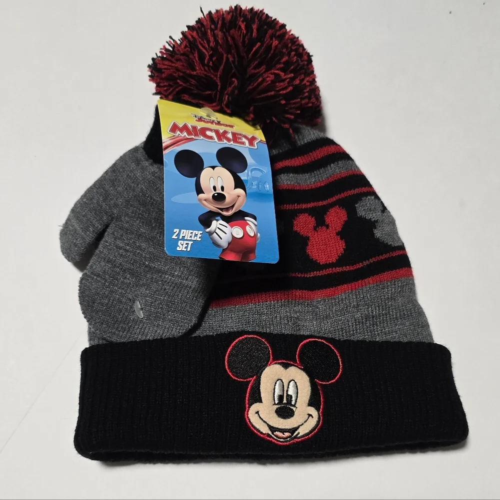 Mouse Kids Winter Hat and Glove Set - Black and Red, Size 2T - 5T