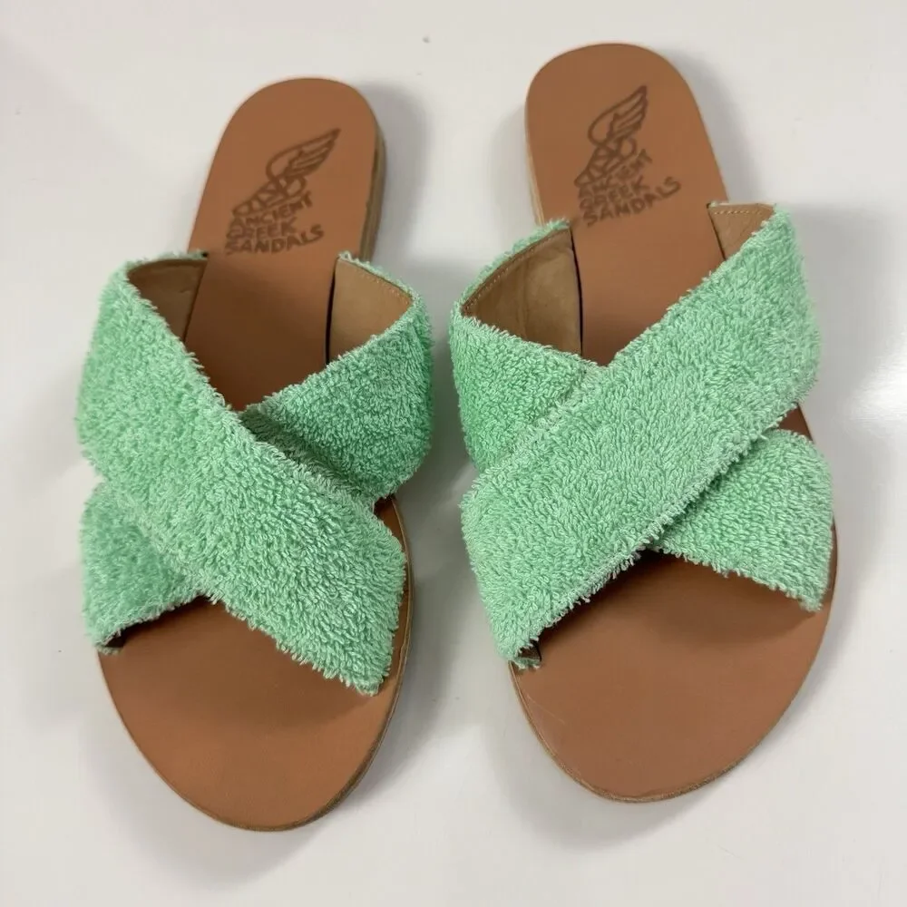 Ancient Greek Thais Terry Slide Sherpa Sandals Womens 41 US 10.5-11 Aqua Green