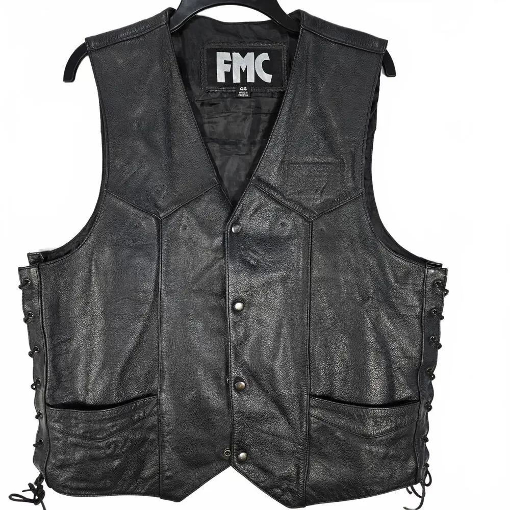 FMC Vintage Black Leather Biker Vest Lace-up Sides 4 Pockets Men's Size 44 Y2K