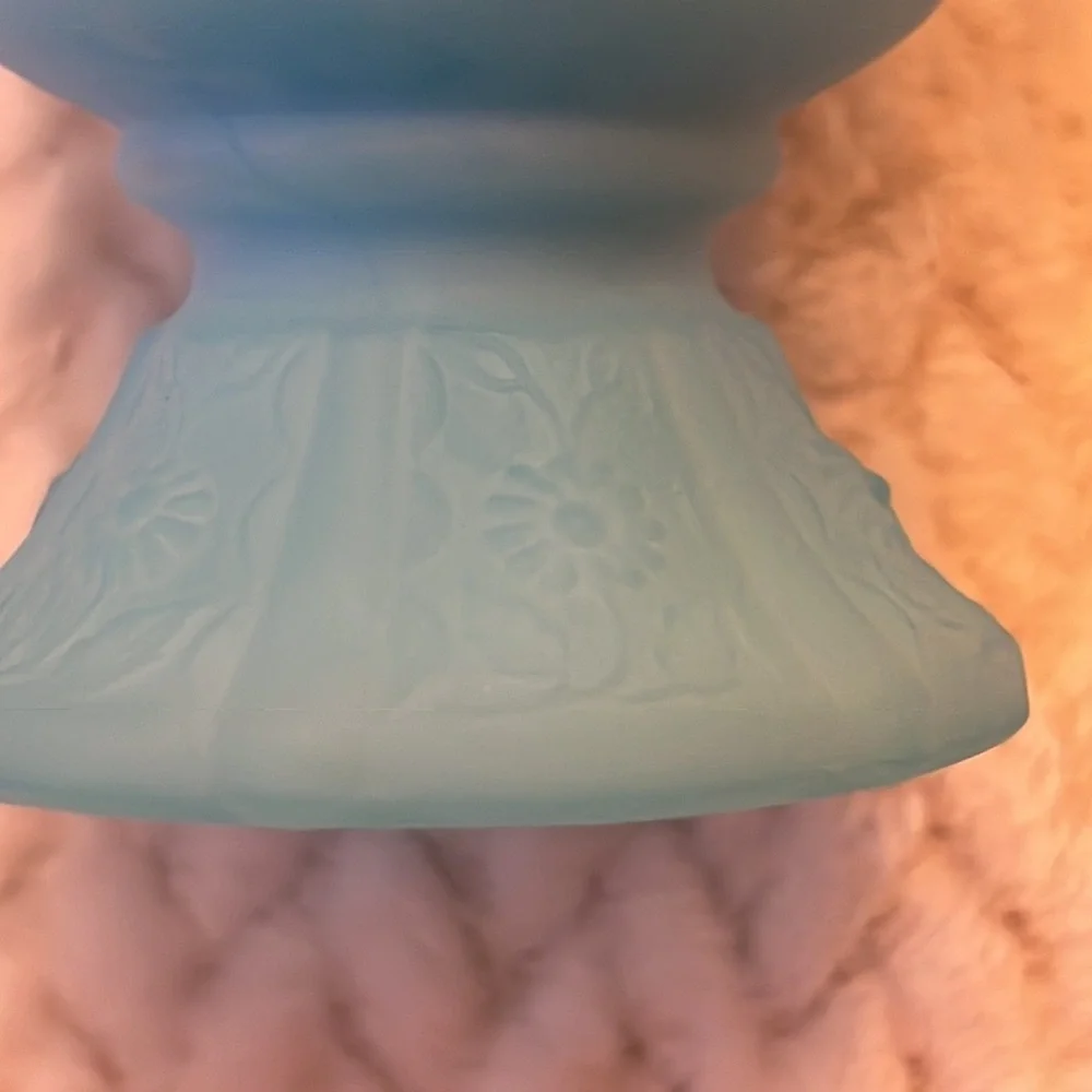 Fenton Panel Daisy Satin Blue Emboss Glass Vase Toothpick Candle Holder Vintage
