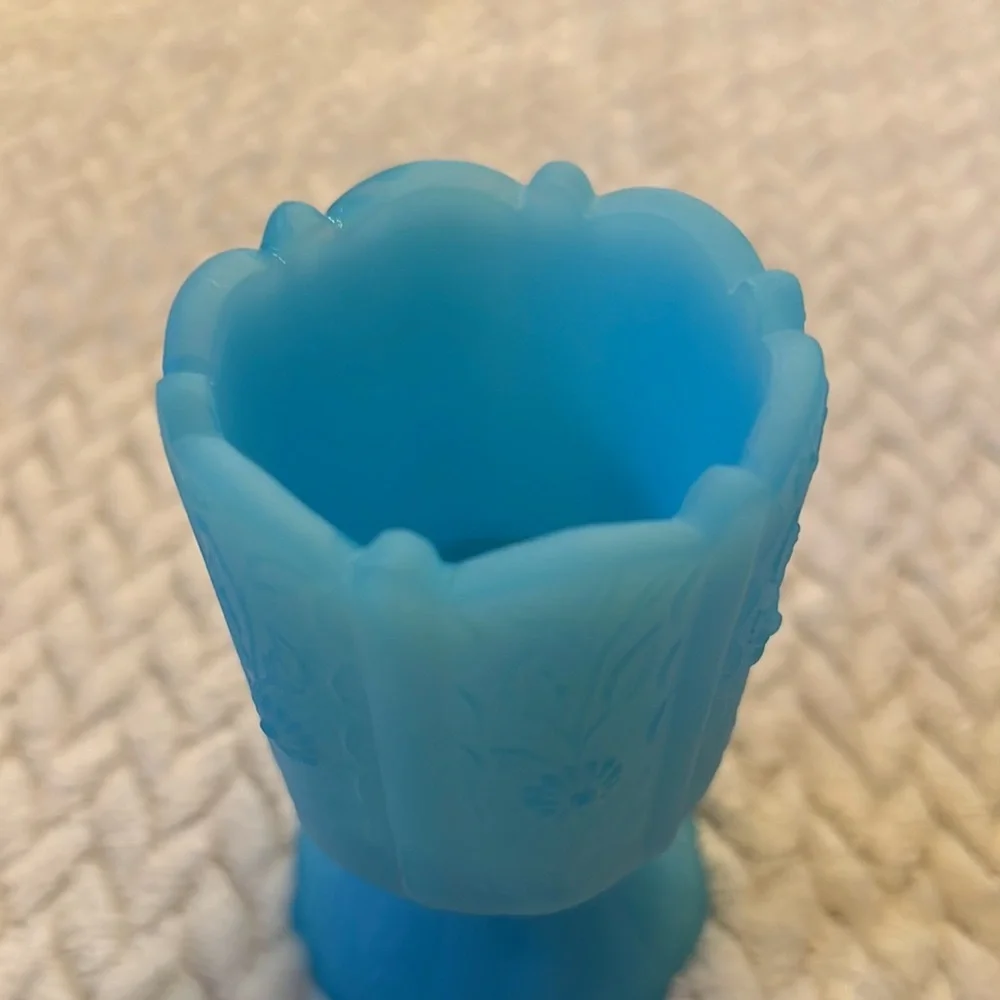 Fenton Panel Daisy Satin Blue Emboss Glass Vase Toothpick Candle Holder Vintage