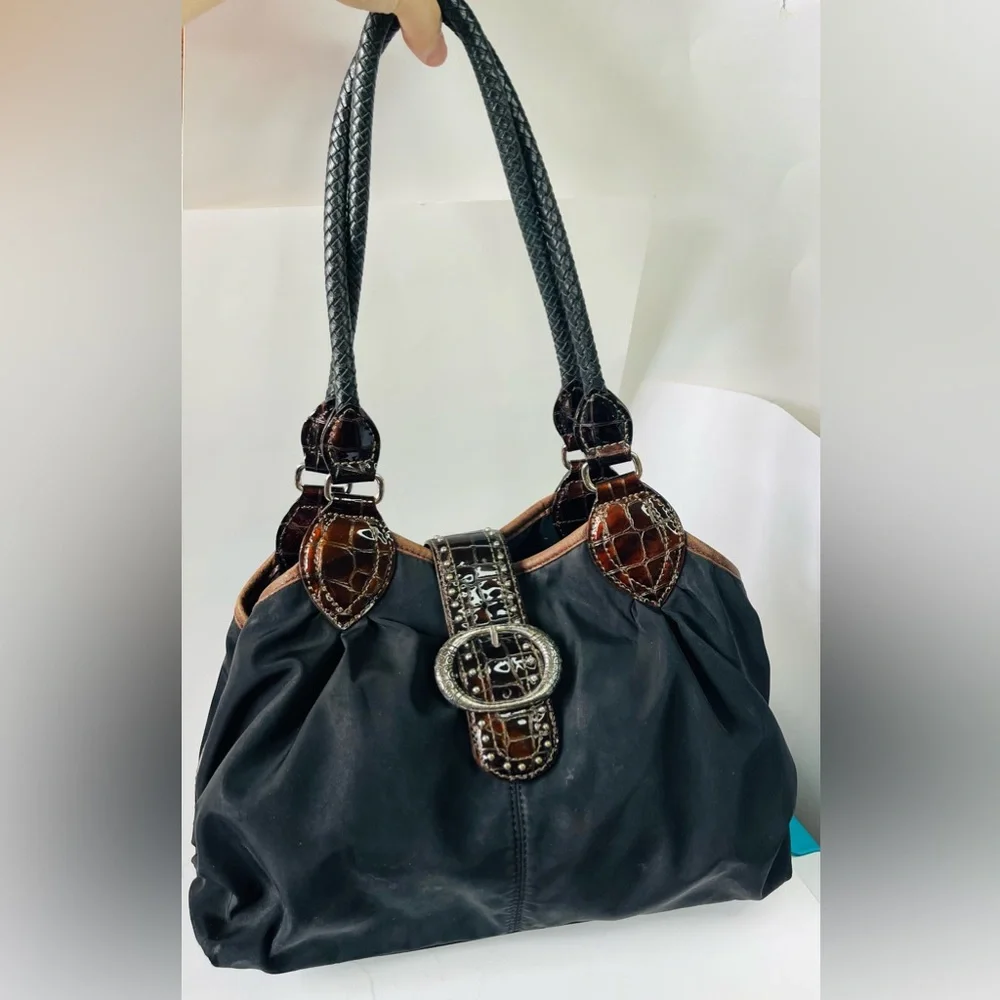 Y2K style Brighton nylon and leather shoulder bag, reptile and cheetah print