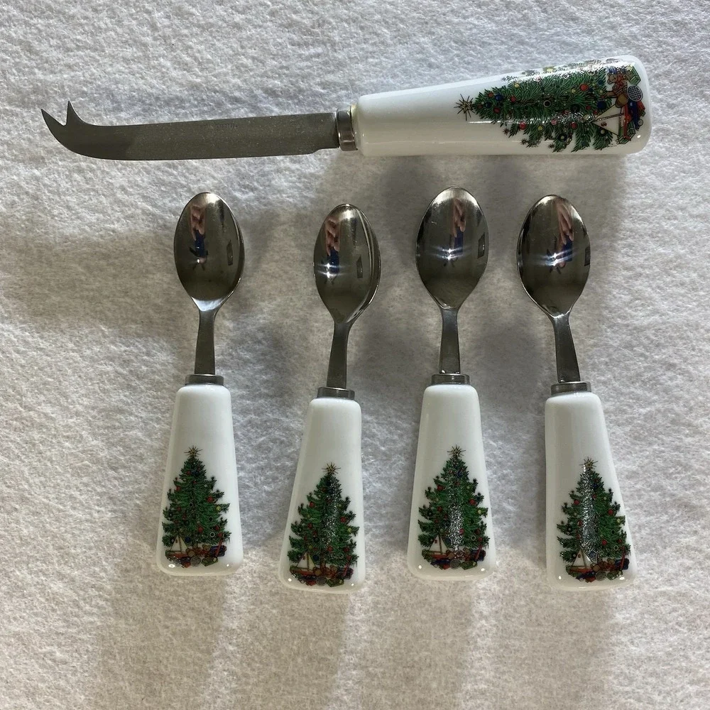Christmas Tree Ceramic Handle Cheese Knife and 4 Spoon Set Holiday Flatware