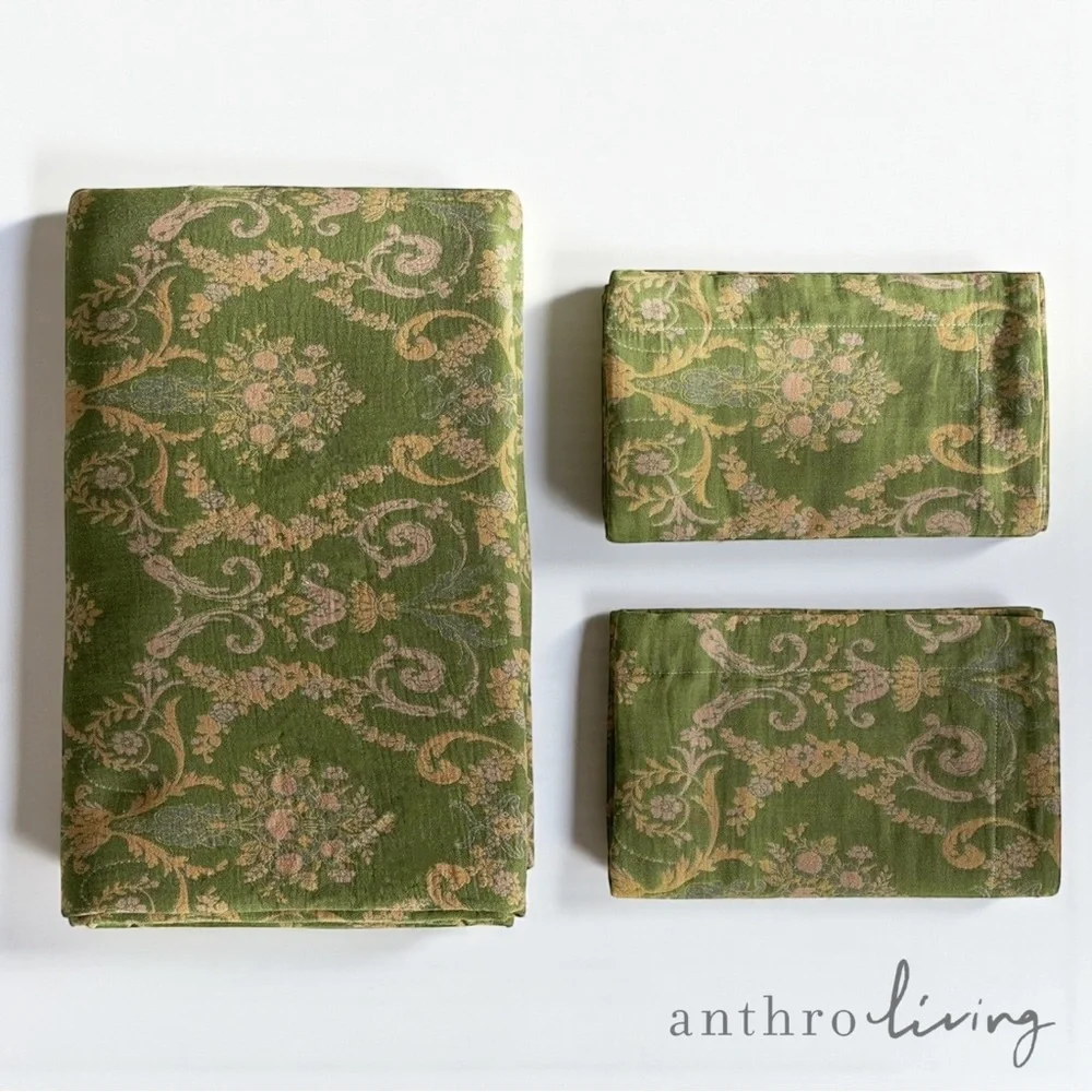 NEW Anthropologie Green Linen Reversible Queen / King Bedding Duvet & Sham Set