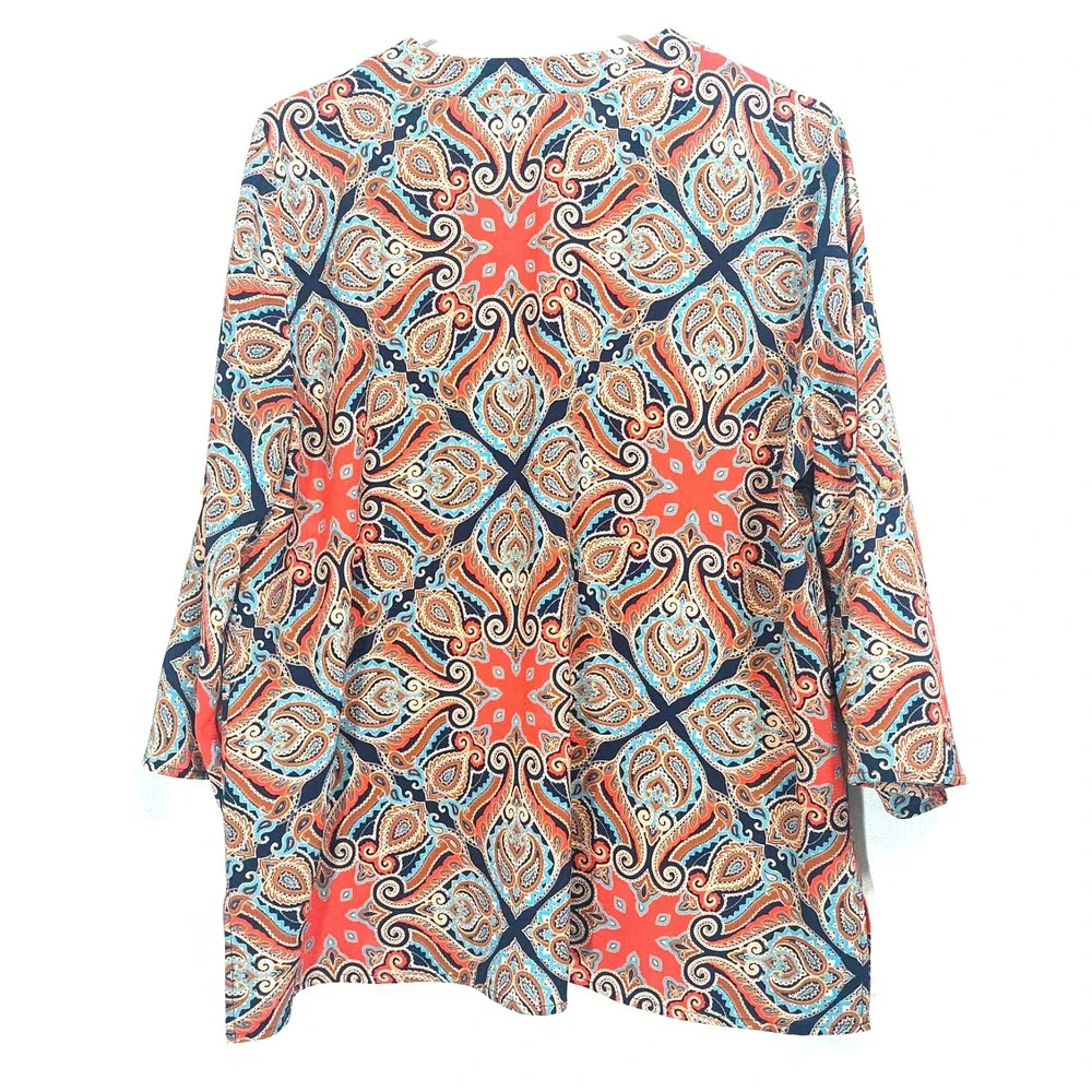Chaus NY Womens Large Paisley Popover Blouse 3/4 Roll Tab Sleeves V Neck