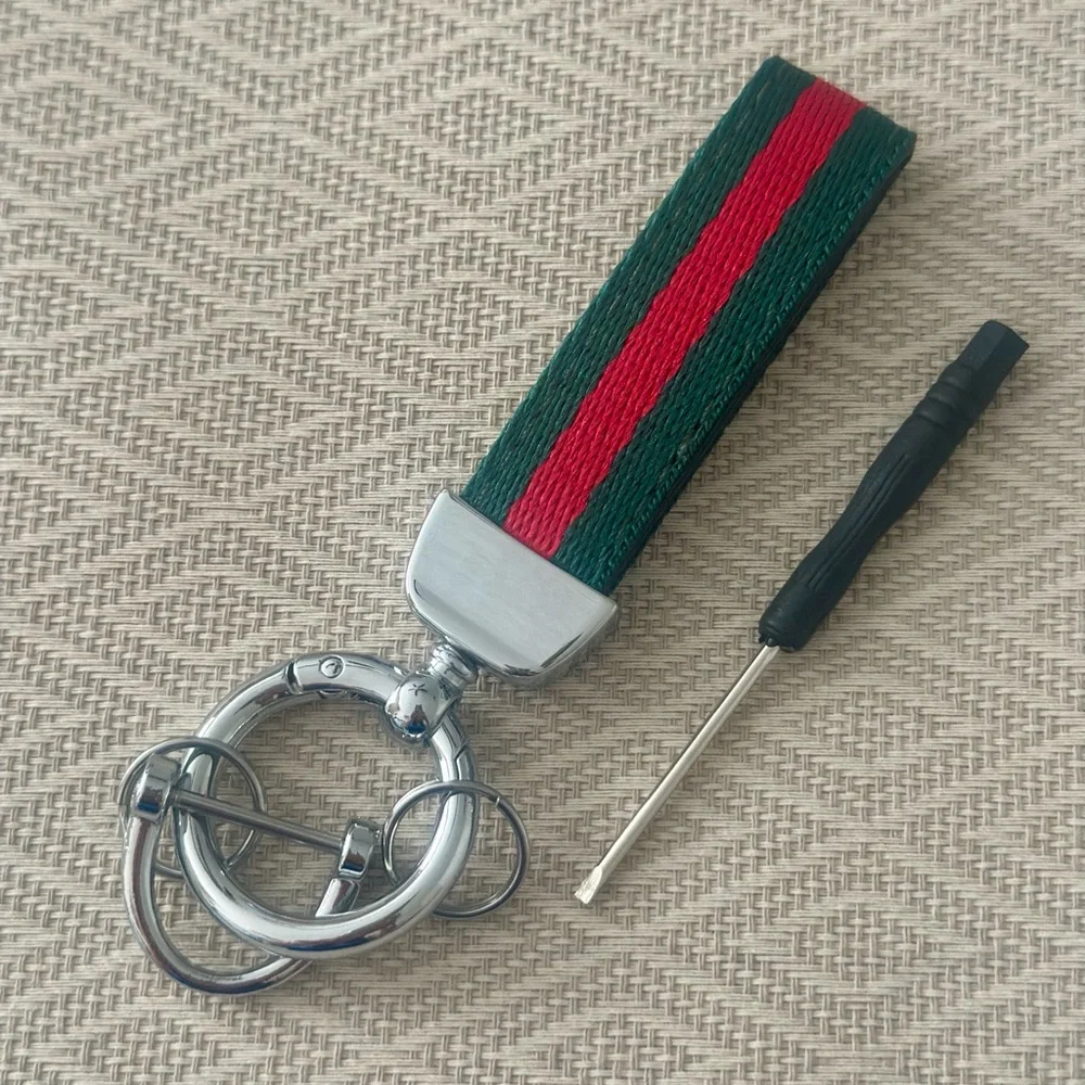 Elegant Silver Buckle Green & Red Keychain with Screwdriver NWT