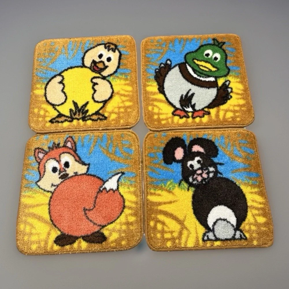 Vintage Retro Cartoon Animal Rugs Set of 7 Fox Duck Pig Bunny Horse Cow Chicken