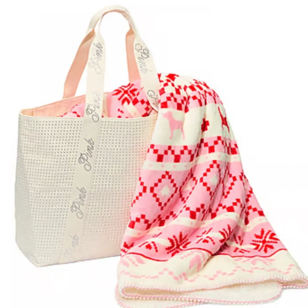 Victoria's Secret Cream and Pink Plush Blanket and Bling Tote Bag