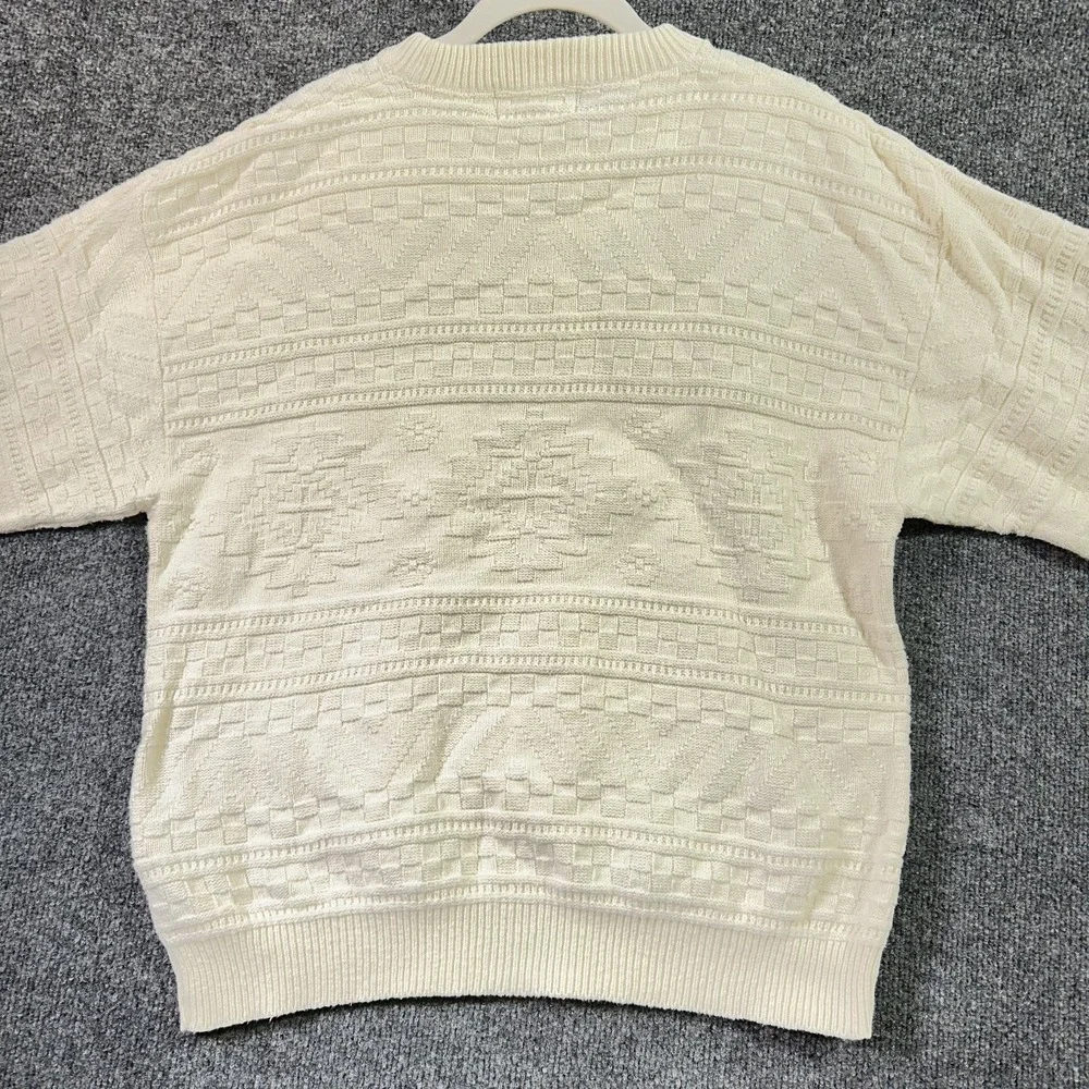 Croft Barrow 3D Knit Sweater Large White Geometric Fisherman Made USA Vintage 90
