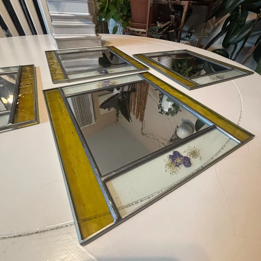 Elegant vintage Yellow and pressed flower Wall Mirror Set. Rare find!