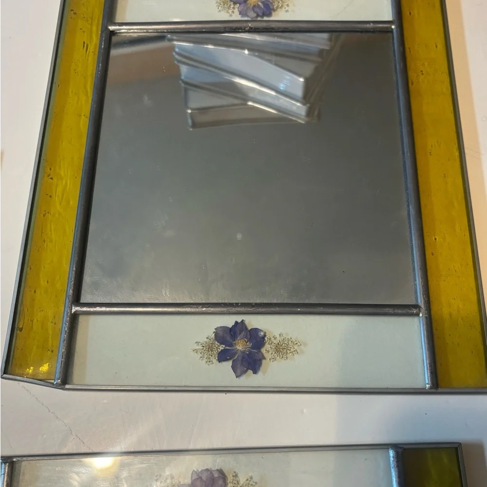 Elegant vintage Yellow and pressed flower Wall Mirror Set. Rare find!