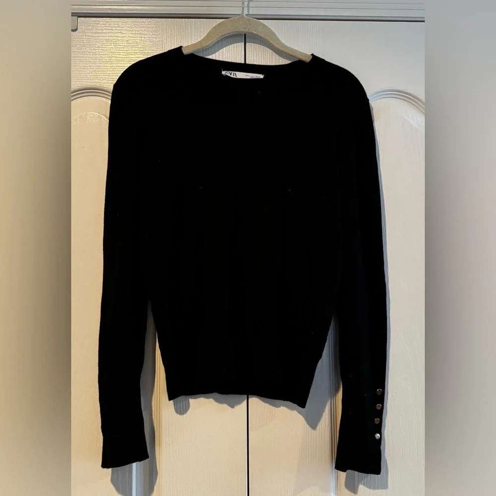 Zara Black Crew Neck Sweater with Gold Stud Detail on Sweater - Size S