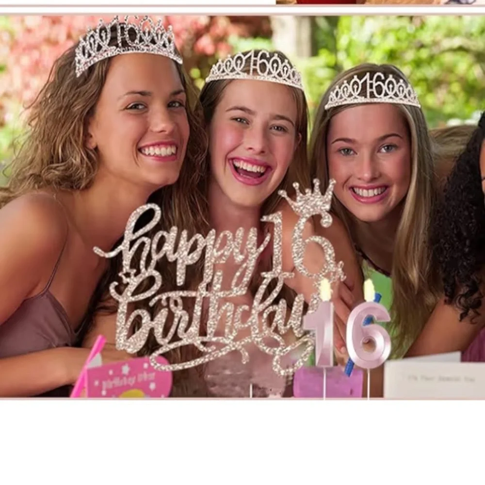 Triplets Happy 16th Birthday Rose Gold Party Tiara & Sash Cake Display Set
