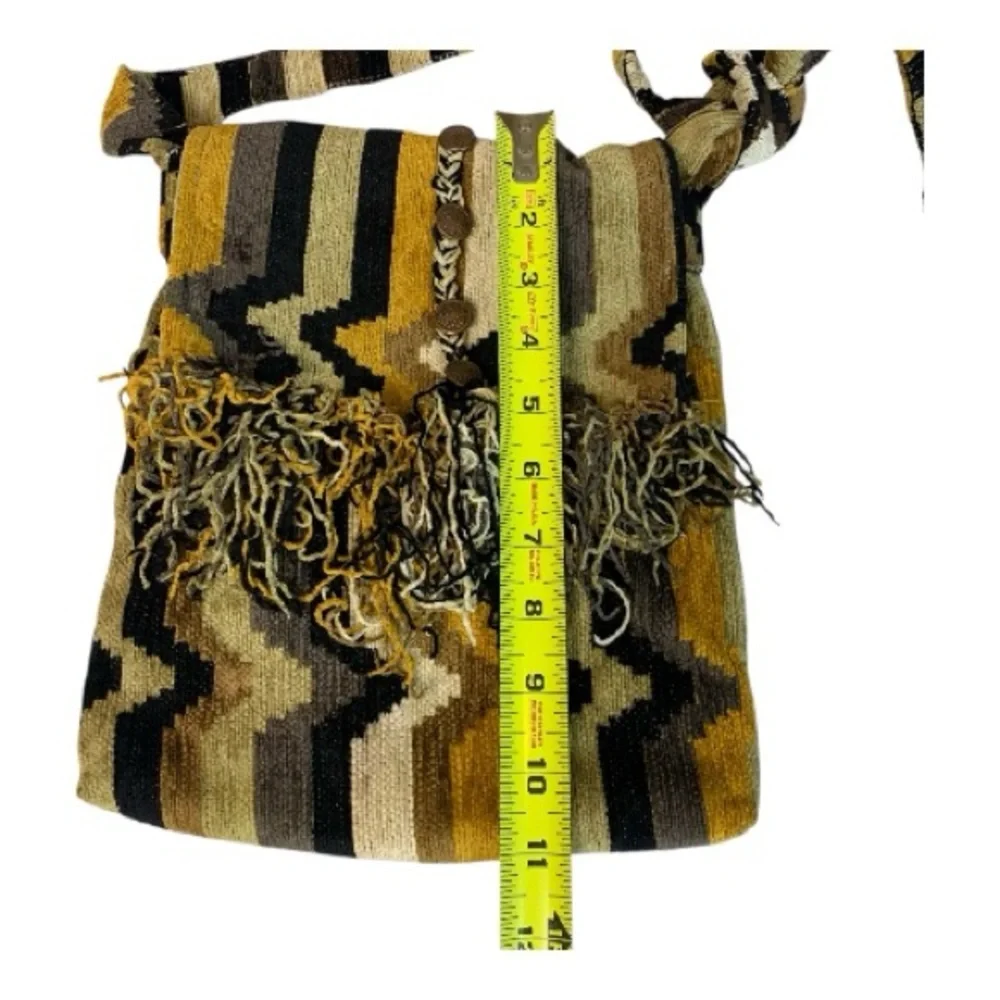 Striped Woven Knit Boho Crossbody Bag Gold Black Tan Shades Fringe Aztec Hippie