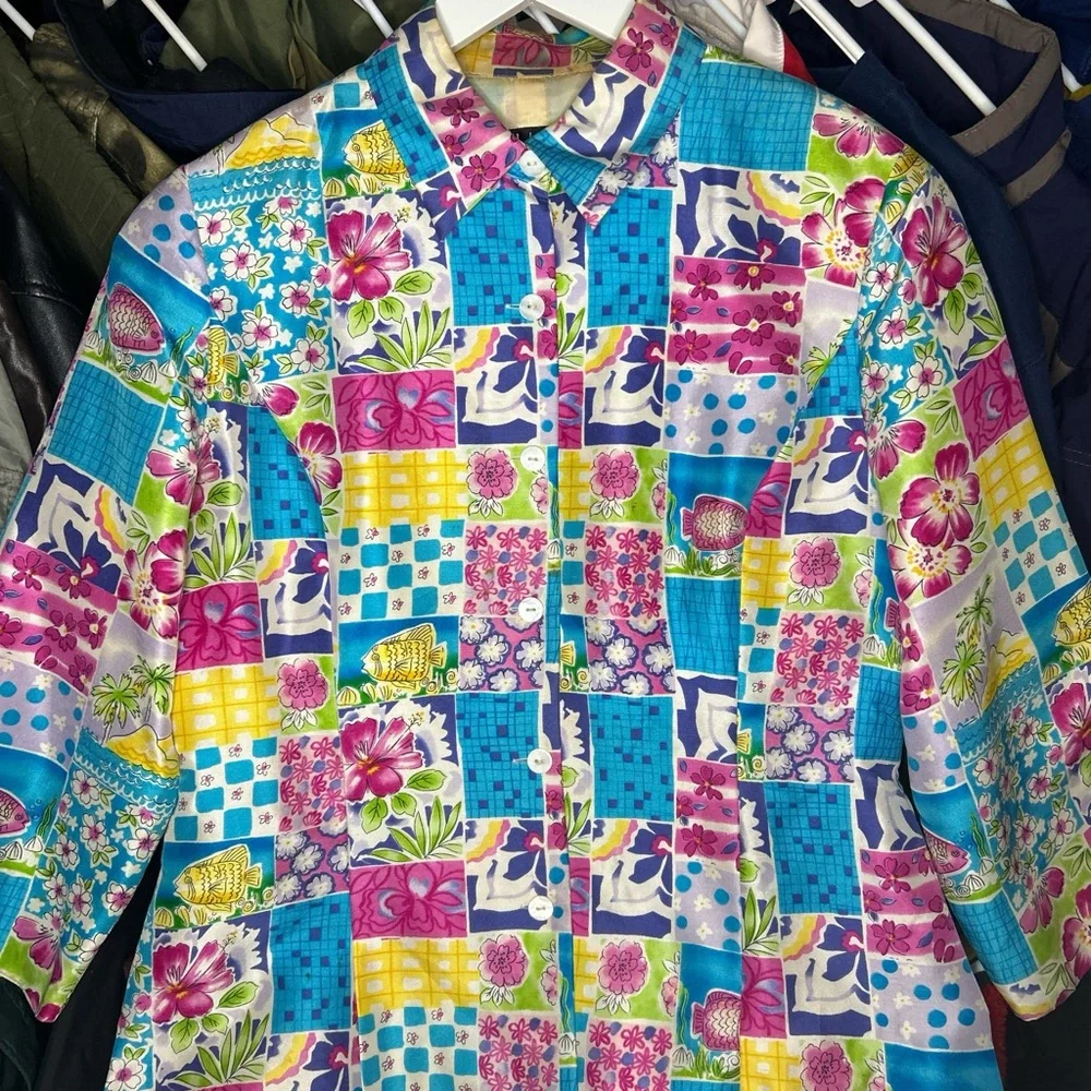 Vintage 80s Multicolor Floral Silk Patchwork Lightweight Jacket medium