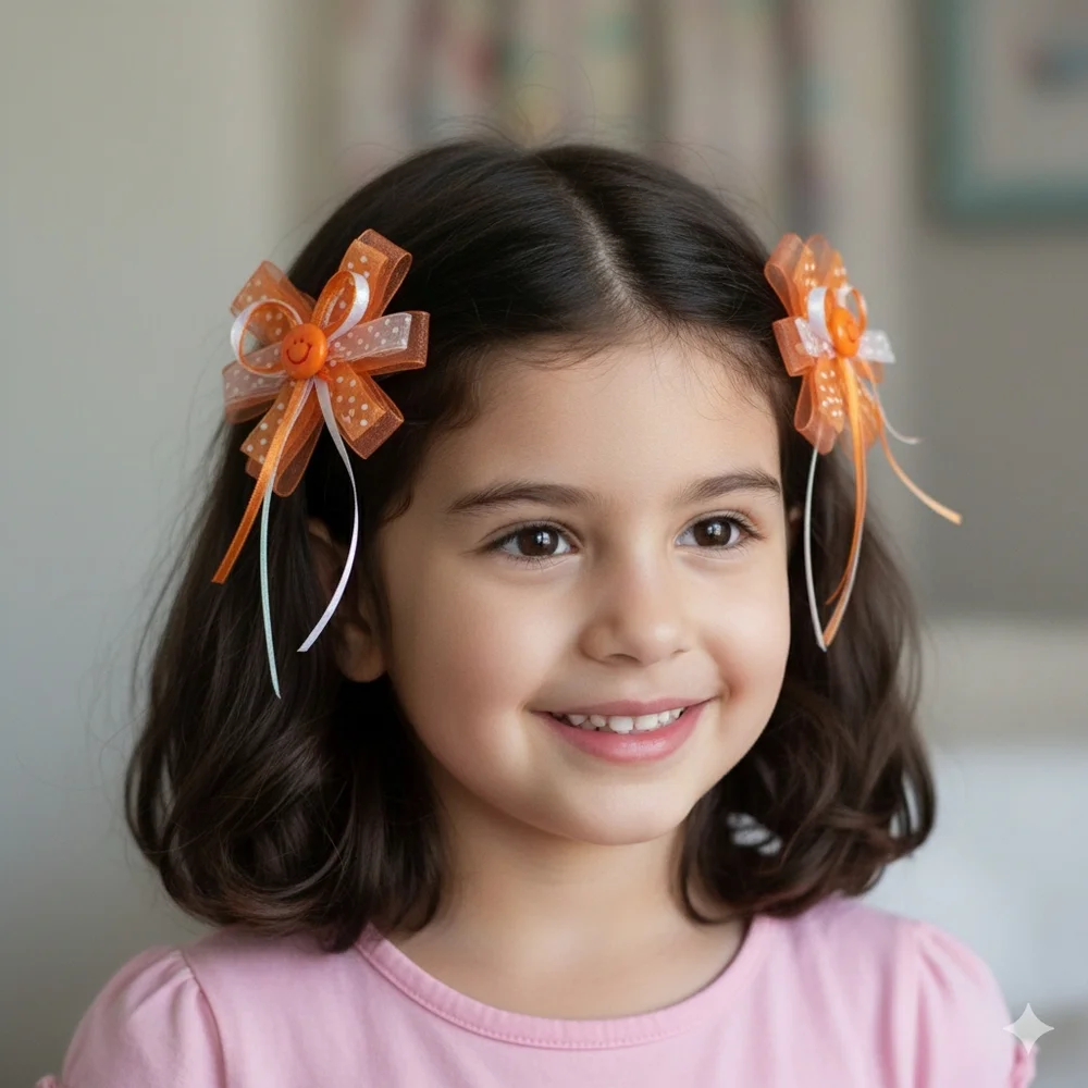 Handmade Girls Orange/White Smiley Face Ribbon Hair Clips Set