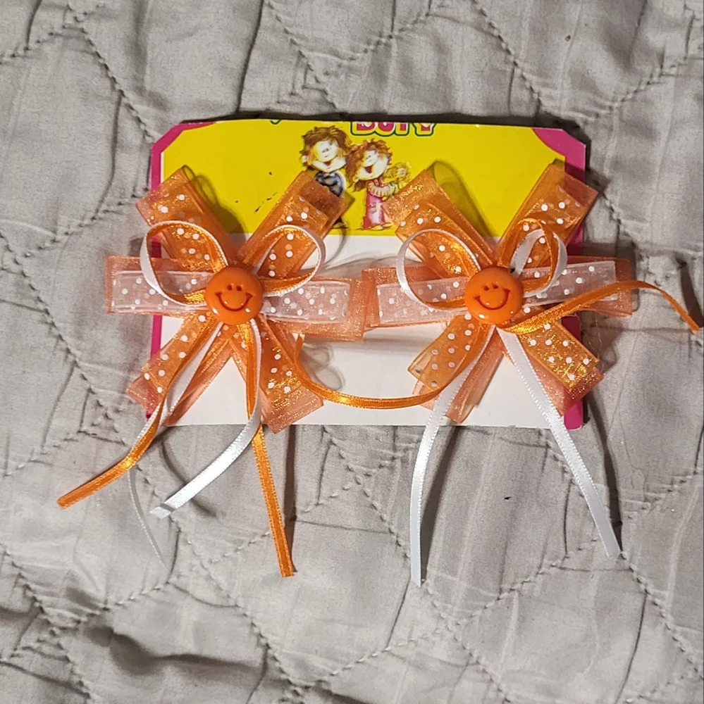 Handmade Girls Orange/White Smiley Face Ribbon Hair Clips Set