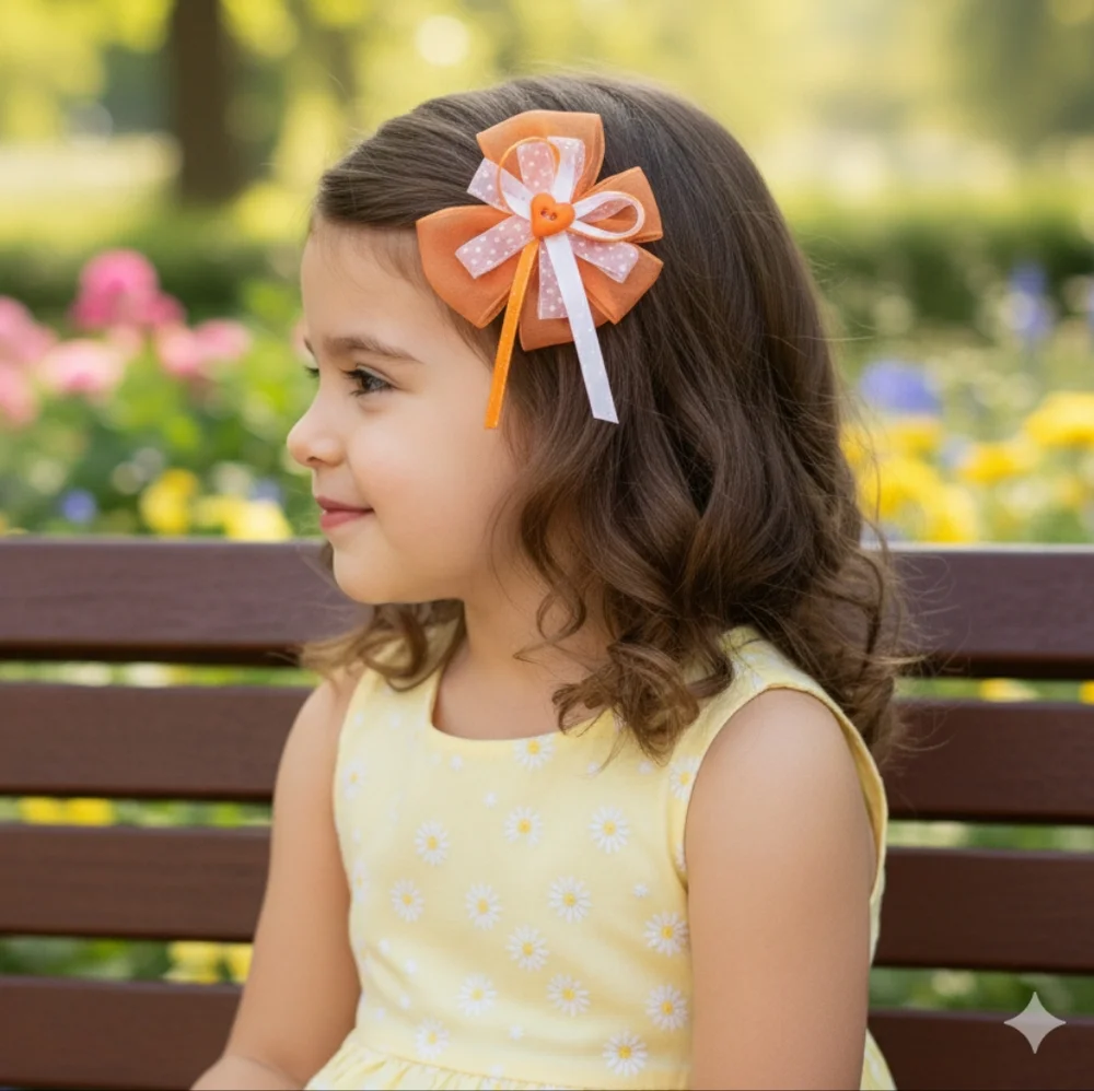 Handmade Girls Orange/White Smiley Face Ribbon Hair Clips Set