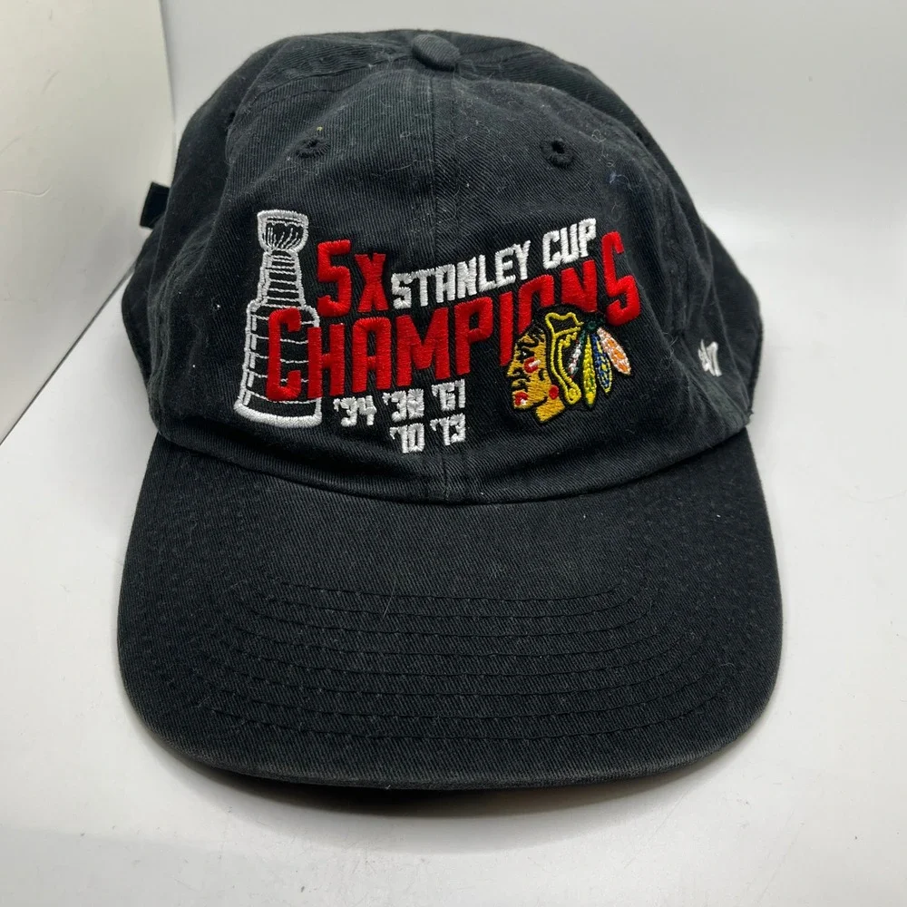 '47 Chicago Blackhawks 5X Stanley Cup‎ Champs Adjustable Strapback Hat Black OS