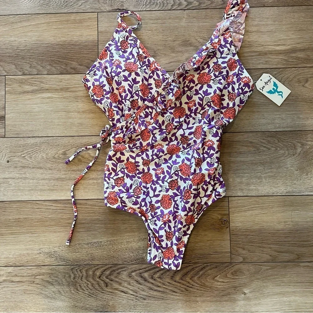 NWT Sea Angel Medium One Piece Swimsuit V-neck Ruffle Meadow Flora Pink Flowers