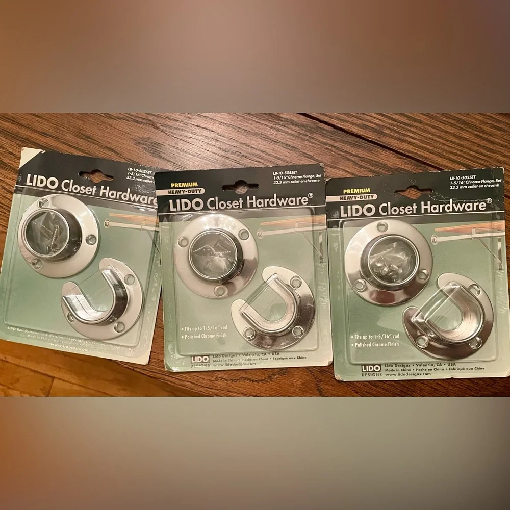 NWT new Lido brand Polished Chrome Steel Closet Flange Set to hold Rods in style