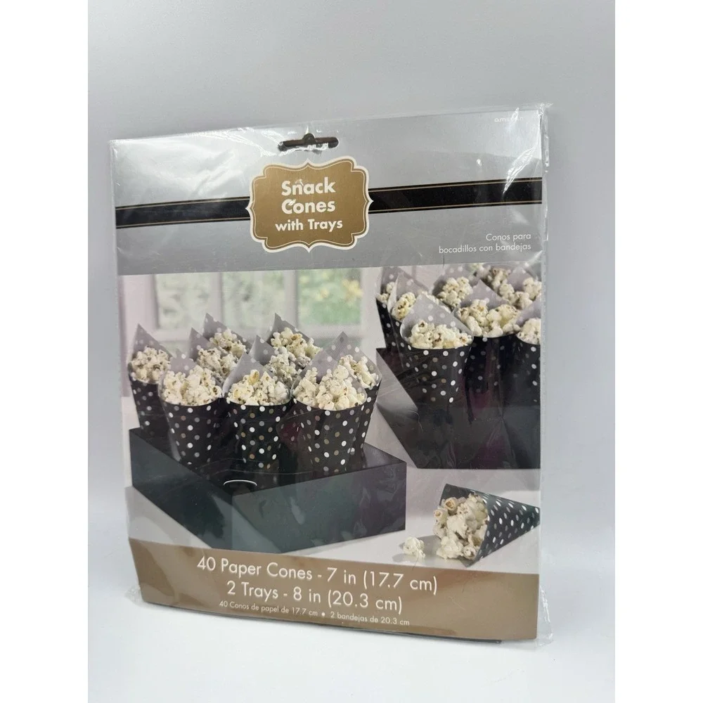 40x Cone Shape Popcorn Black Paper Bags with Tray Treat Buffet Bags for Popcorn