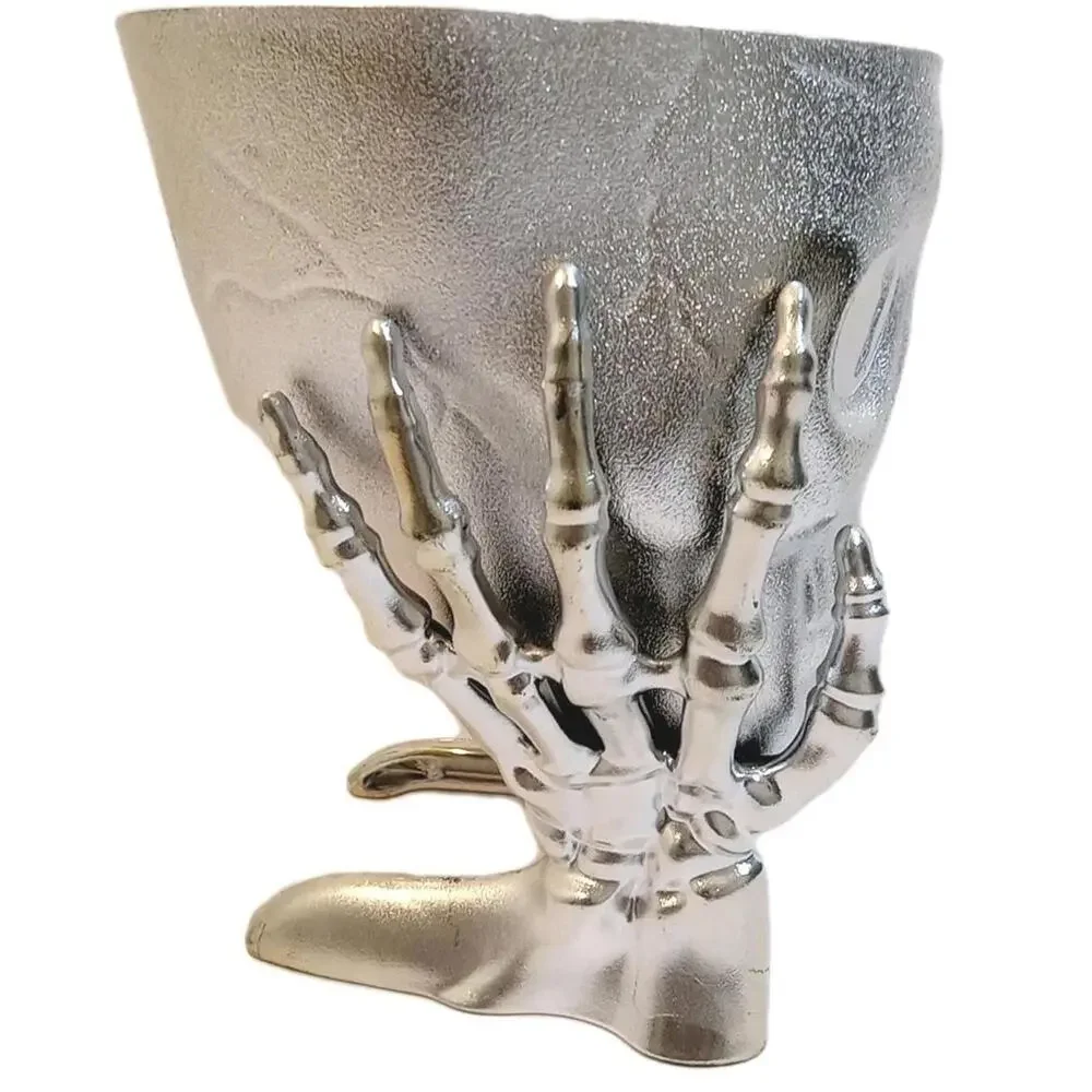 Halloween Skull Candy Table Bowl Silver Metallic Chrome Dish Skeleton Hands