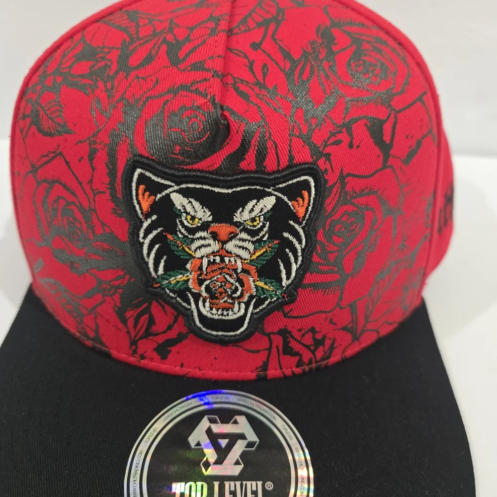 Top Level Men's snapback hats Ruthless Tiger And Roses. Black And Red