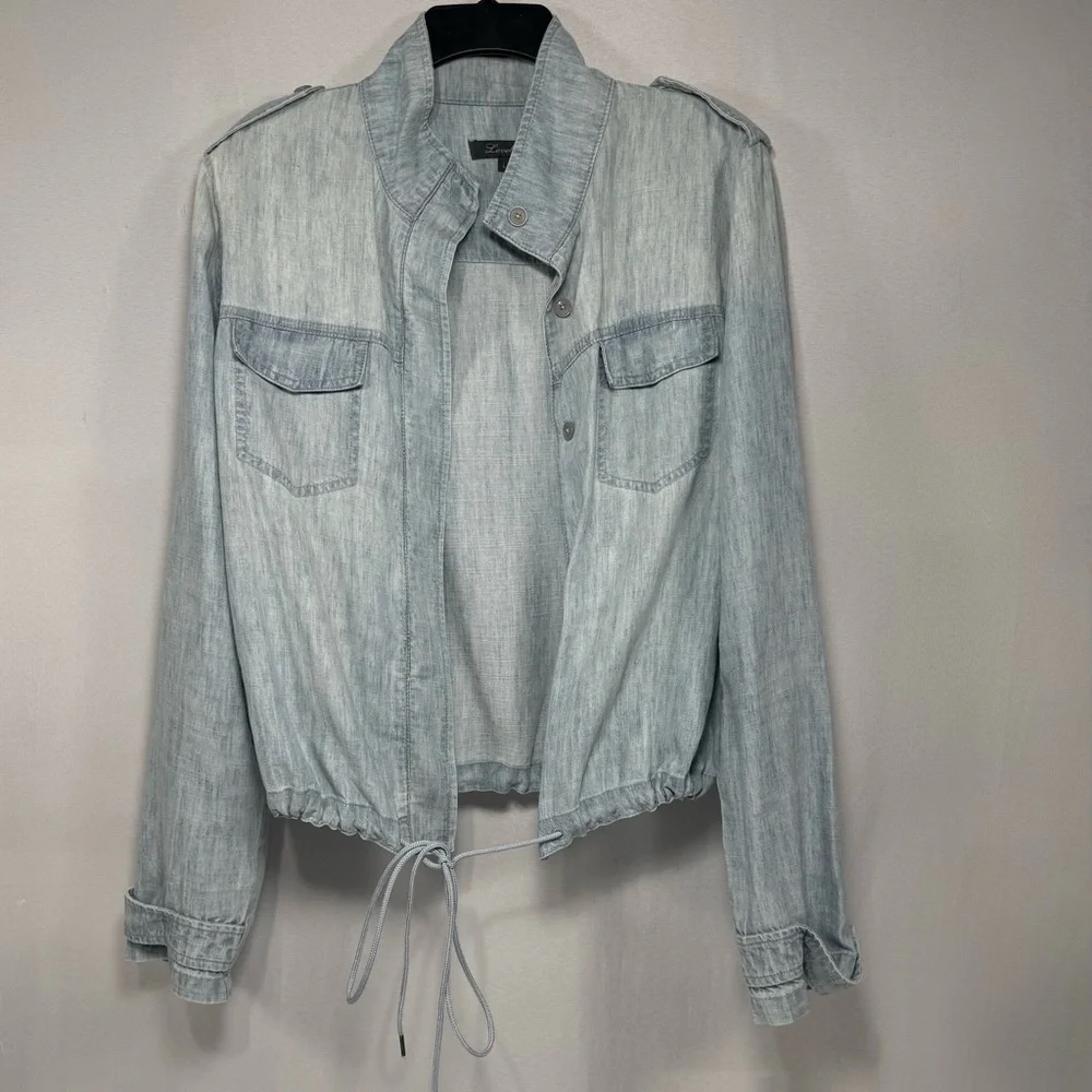 Linen Blend Level 99 Light Blue Chambray Utility Bomber Jacket Size L Large