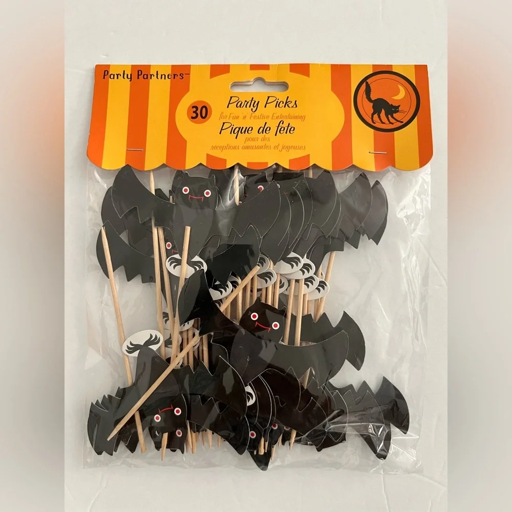 Party Partners 30-Piece Halloween Bats Party Picks Black White New Sealed