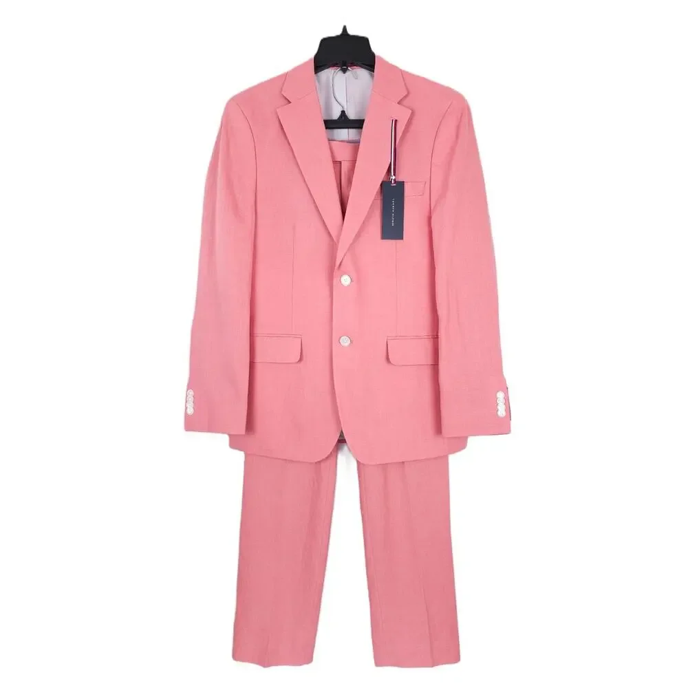 Tommy Hilfiger Mens Modern Fit Linen 2 Piece Suit 42L 32x34 Light Red Solid NWT