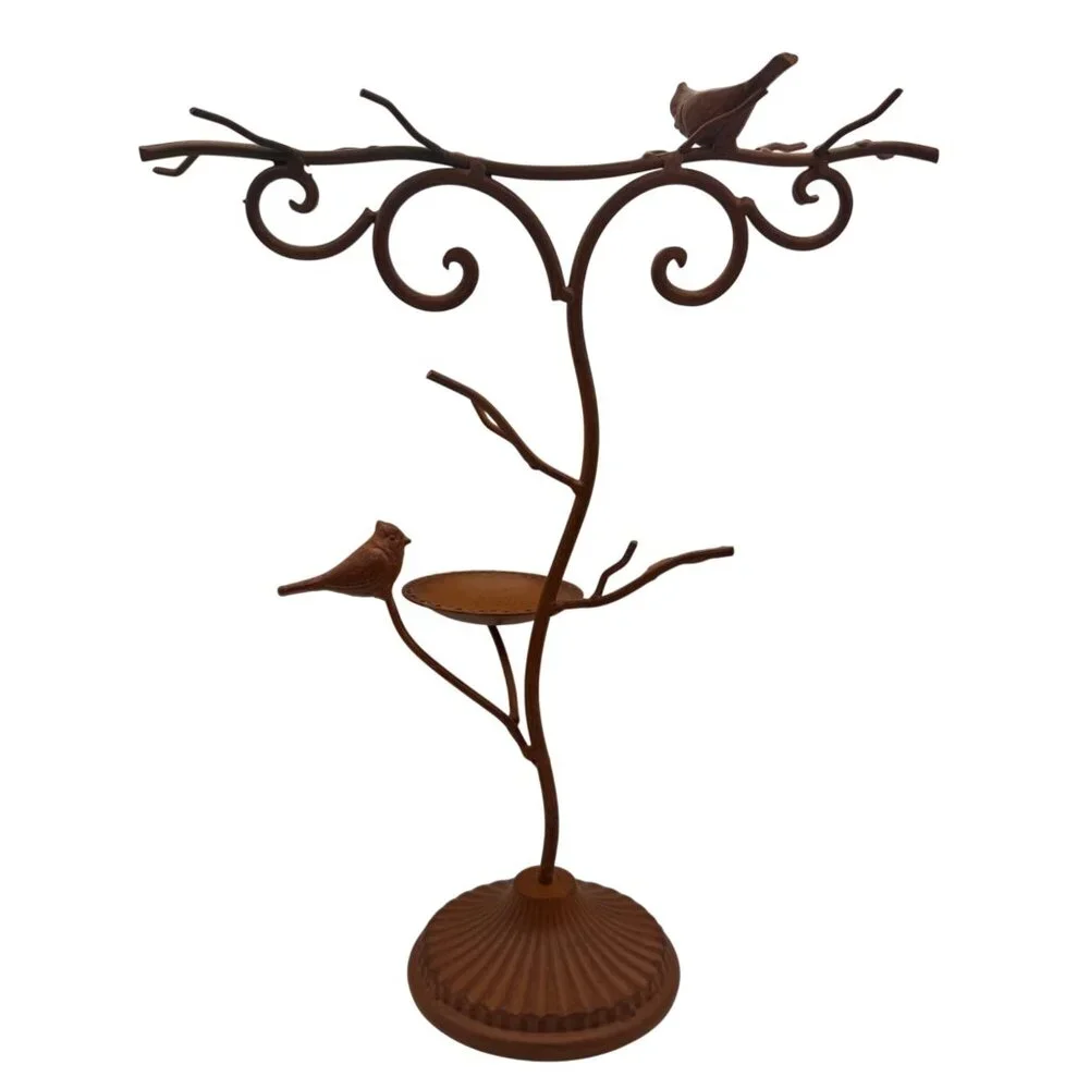Bird Branch Metal Jewelry Holder Tree With Tray Iron Brown Finish Decorative Acc