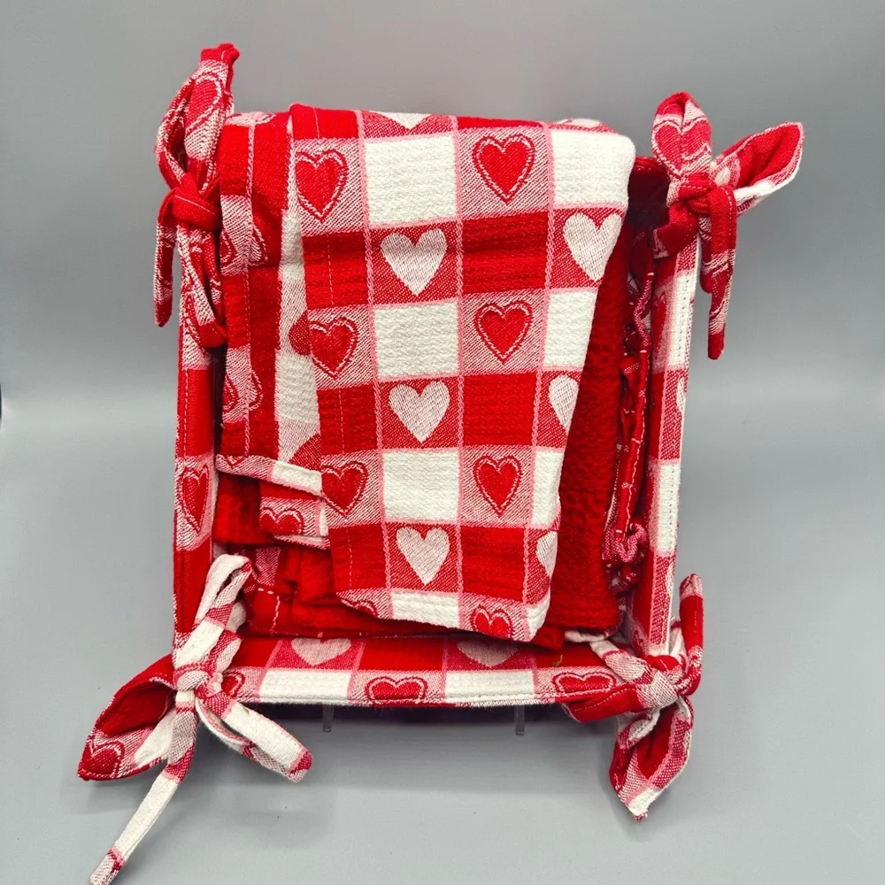 Heart Decorated Towel Basket & 3 Hand Towels. Valentine’s Day or Love