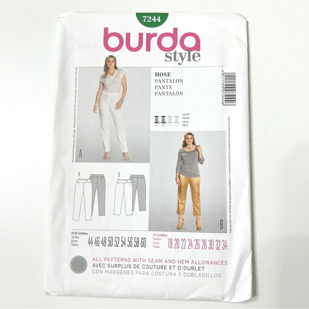 Burda Style 7244 Pants Sewing Pattern | Sizes 18–34